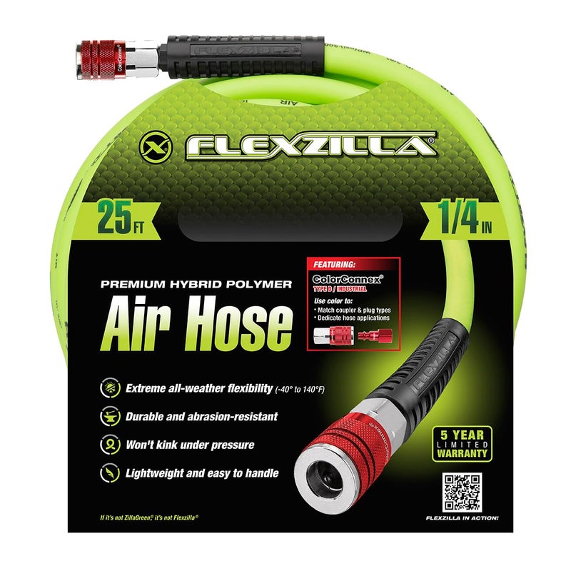 Flexzilla Air Hose with ColorConnex Industrial Type D Coupler and Plug, 1/4 in. x 25 ft., Heavy Duty, Lightweight, Hybrid, ZillaGreen - HFZ1425YW2-D - Image 2